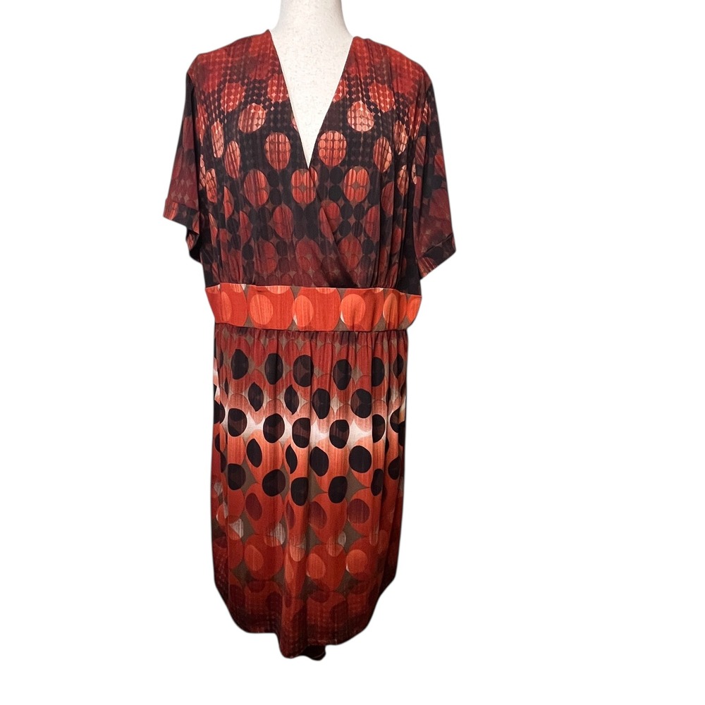 Olivia Matthews 22W Dress Brown Orange Sheath‎ V Neck Short Sleeve Plus Size
